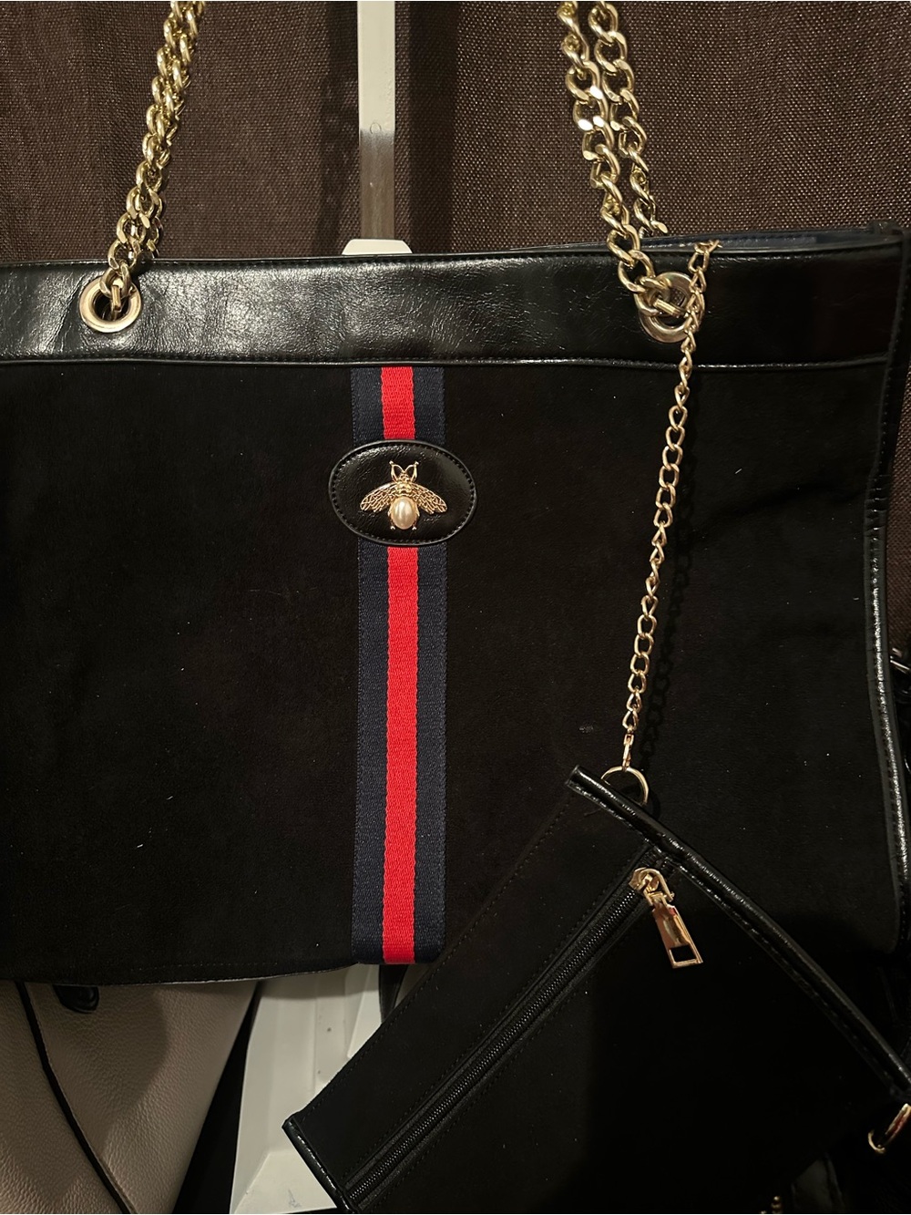 Black Tote with Red & Navy Stripe and Gold Chain Accents